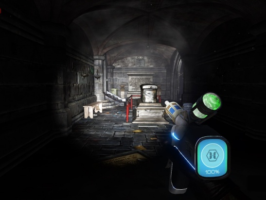 Flashlight in action. Helpful tool on poorly lit maps such as Catacombs